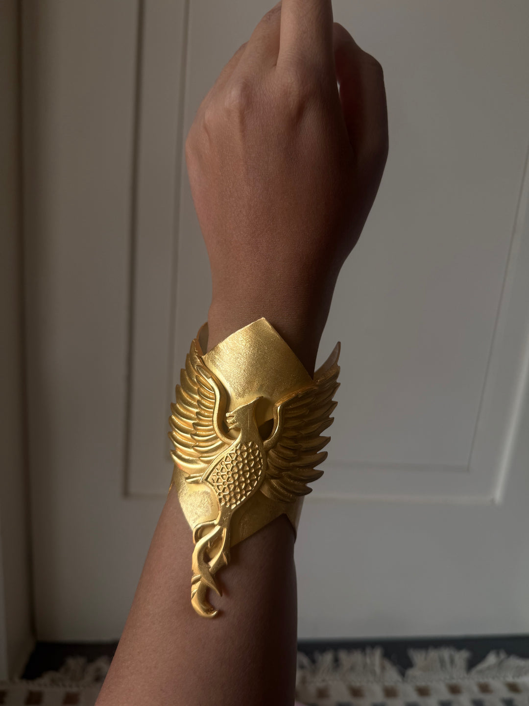 Handmade Phoenix Statement Open Cuff | Textured Gold Polish Brass Free Size Bracelet