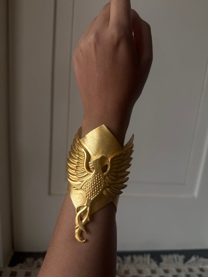 Handmade Phoenix Statement Open Cuff | Textured Gold Polish Brass Free Size Bracelet