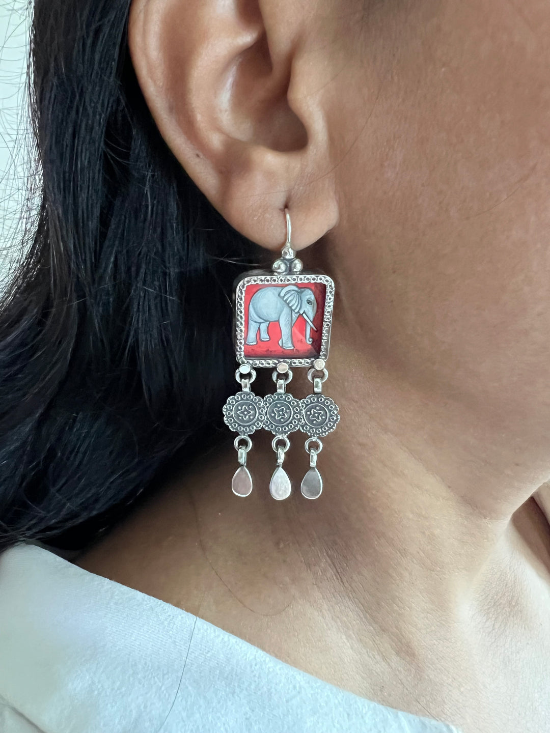 Beautiful Handpainted Elephant 925 Silver Earrings