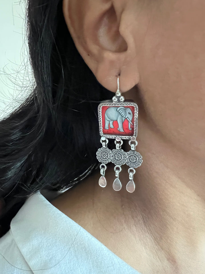 Beautiful Handpainted Elephant 925 Silver Earrings