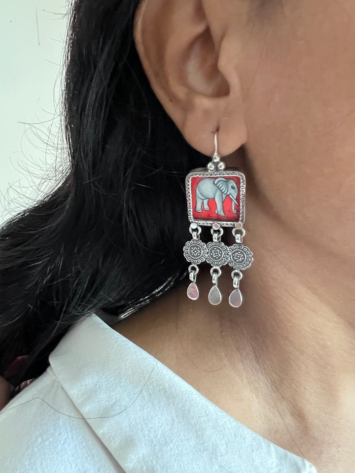 Beautiful Handpainted Elephant 925 Silver Earrings