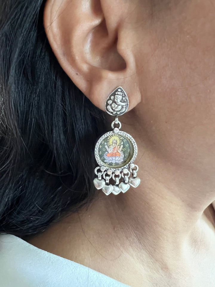 Beautiful Handpainted Laxmi Ganesh 925 Silver Earrings
