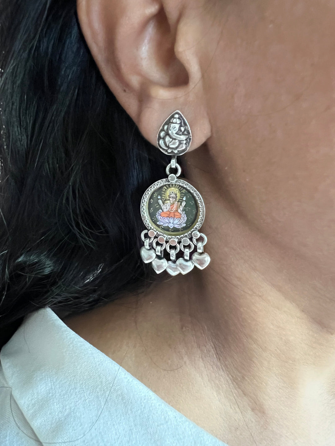 Beautiful Handpainted Laxmi Ganesh 925 Silver Earrings