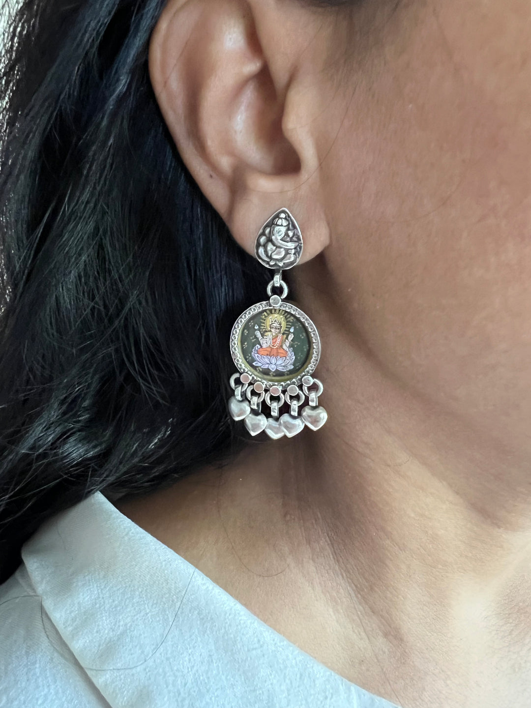 Beautiful Handpainted Laxmi Ganesh 925 Silver Earrings