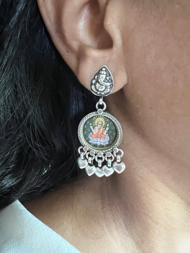 Beautiful Handpainted Laxmi Ganesh 925 Silver Earrings