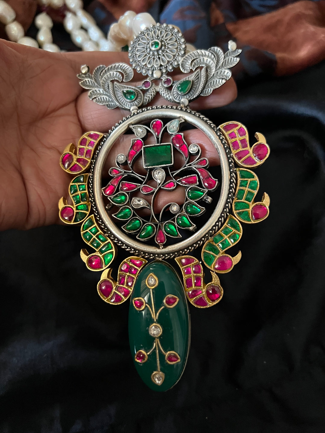 Jade Kundan Pure 925 Silver Pendant Necklace