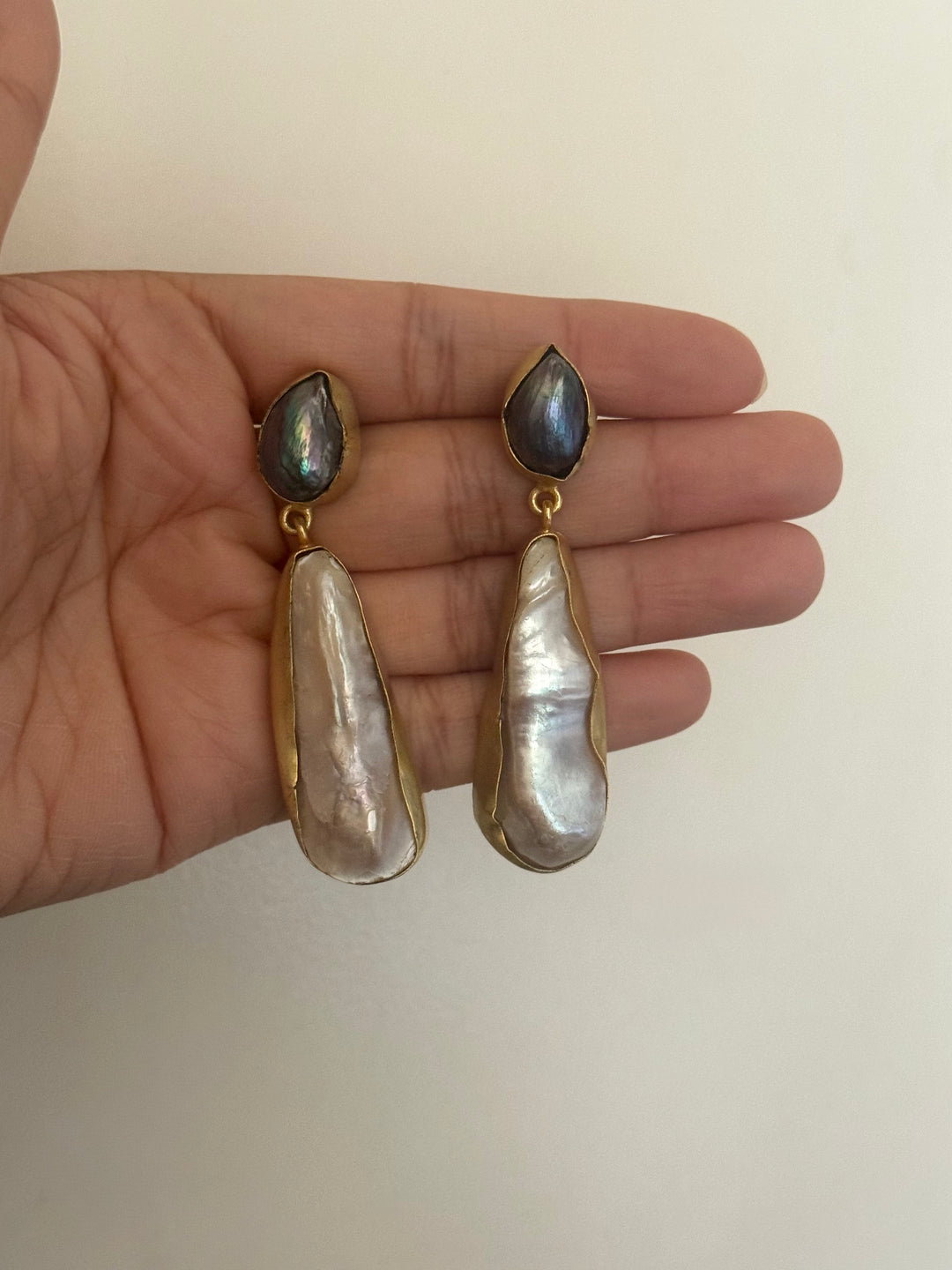 Handmade Labradorite & Pearl Statement Earrings | Brass Push Back Jewelry