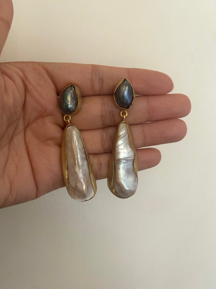 Handmade Labradorite & Pearl Statement Earrings | Brass Push Back Jewelry