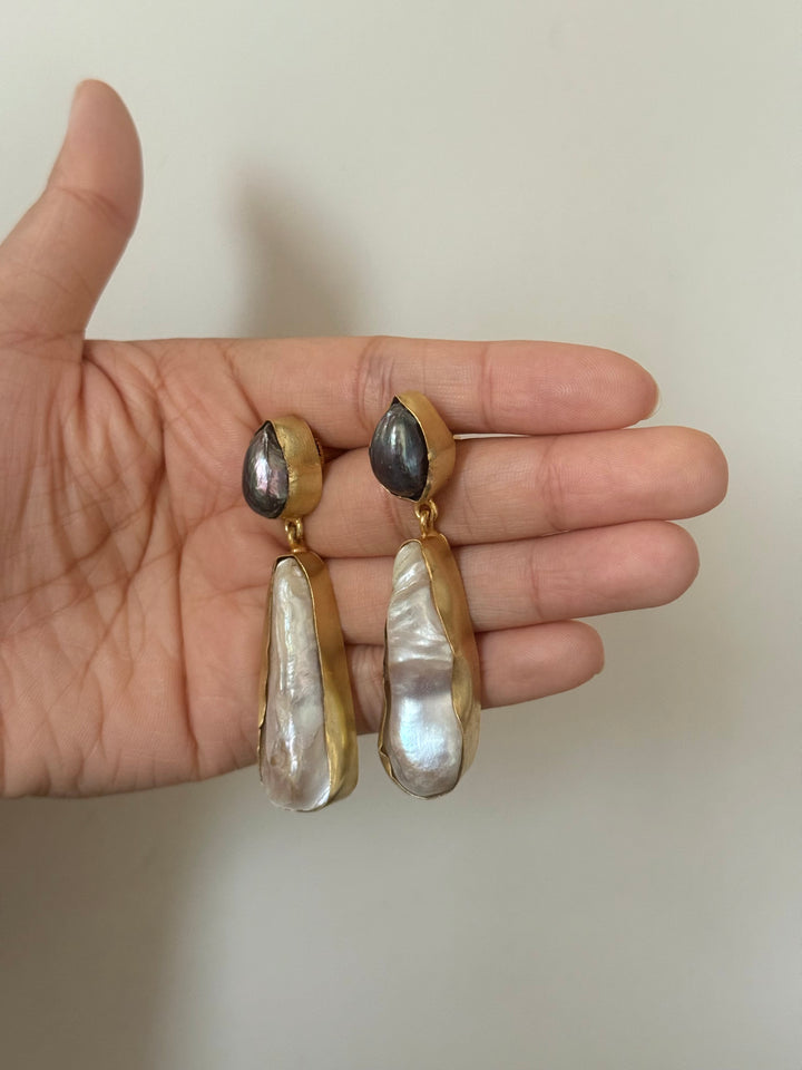 Handmade Labradorite & Pearl Statement Earrings | Brass Push Back Jewelry