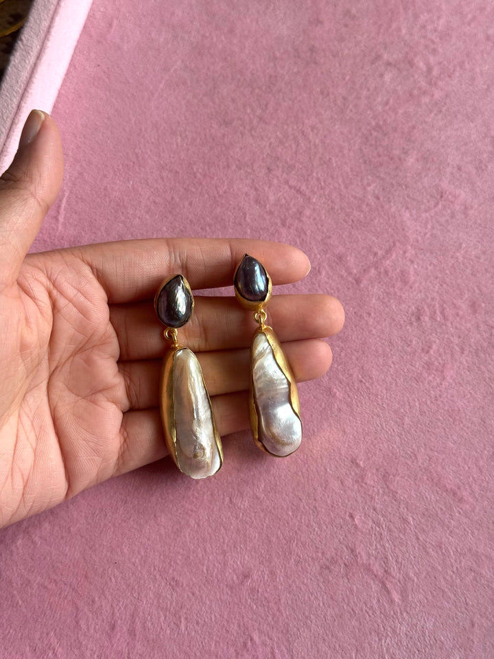 Handmade Labradorite & Pearl Statement Earrings | Brass Push Back Jewelry