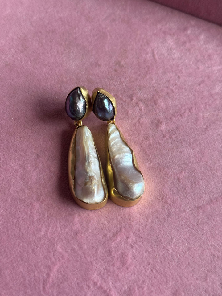 Handmade Labradorite & Pearl Statement Earrings | Brass Push Back Jewelry