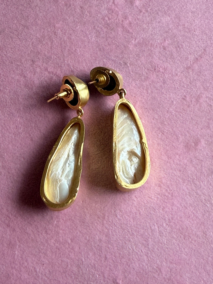 Handmade Labradorite & Pearl Statement Earrings | Brass Push Back Jewelry