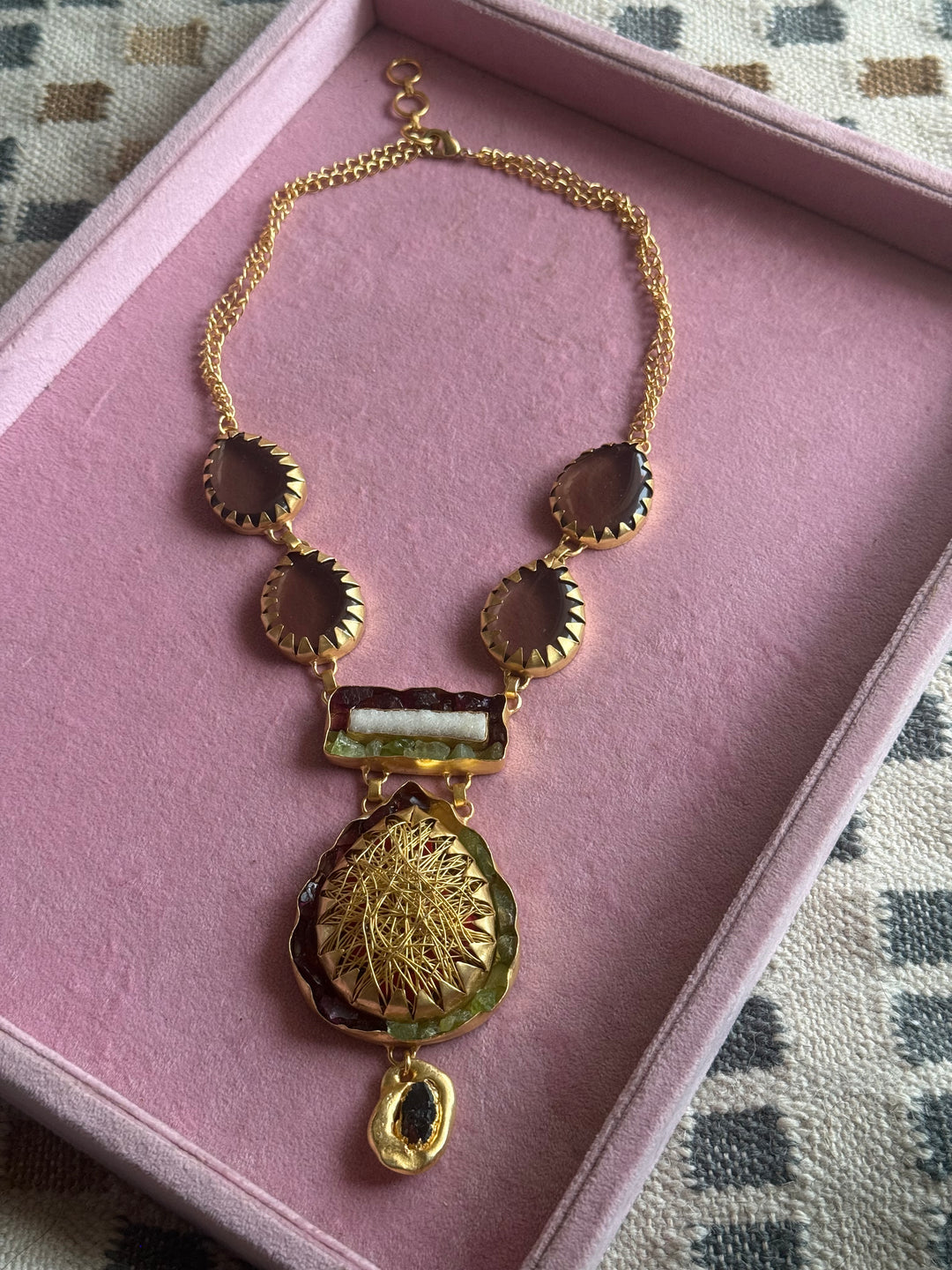 Handmade Statement Gemstone Necklace | Brass Adjustable Lobster Claw Jewelry