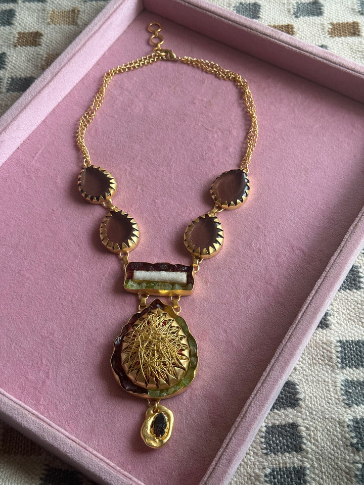 Handmade Statement Gemstone Necklace | Brass Adjustable Lobster Claw Jewelry