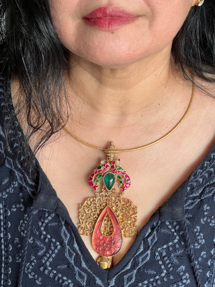 Twin Peacock 925 Silver Hasli with Pendant | SHIVKA