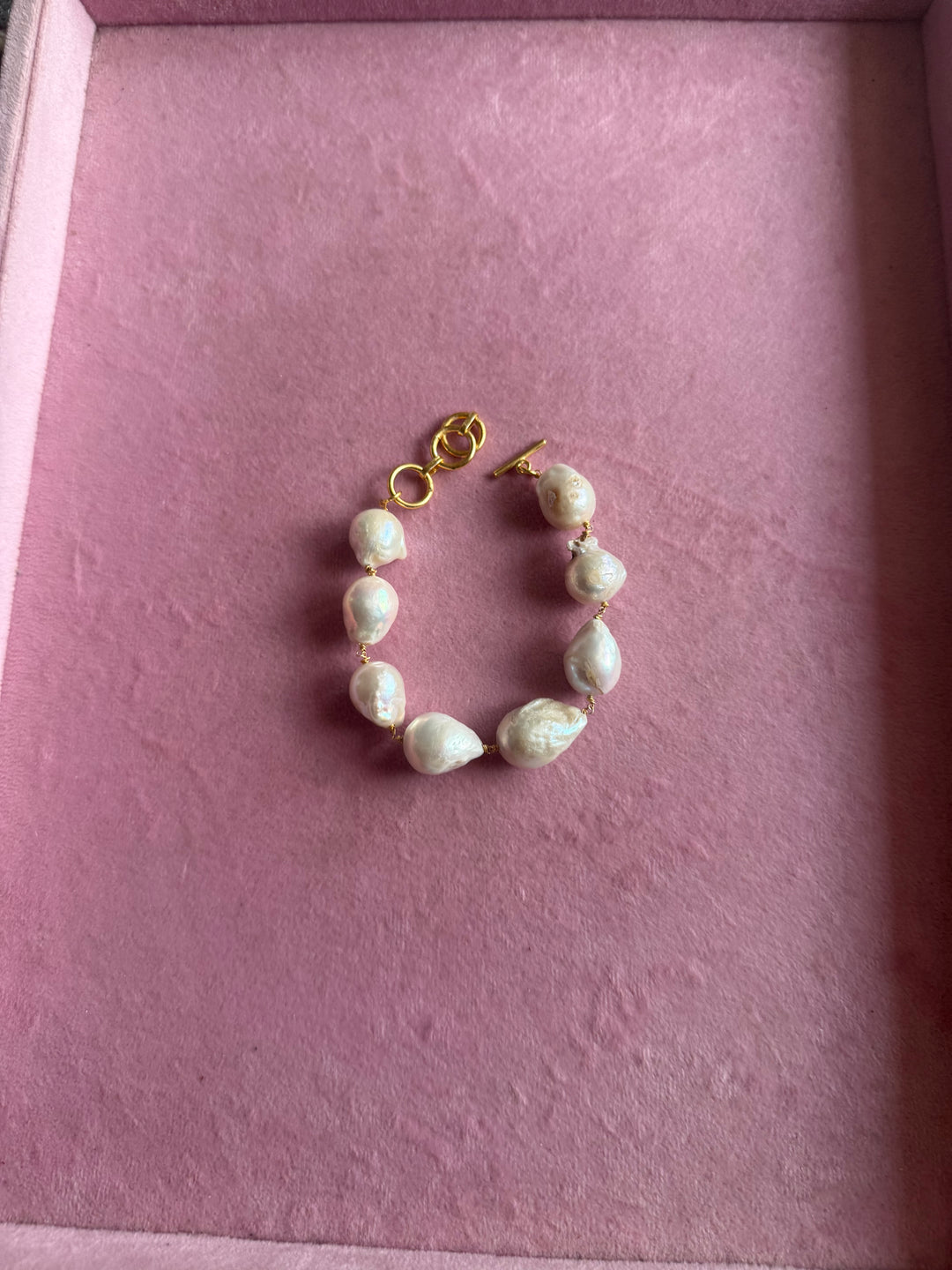 Handmade Baroque Pearl Statement Bracelet | Gold Polish Brass Toggle Clasp Jewelry