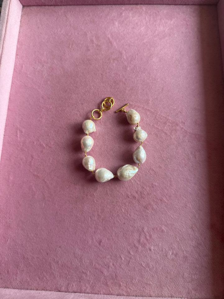 Handmade Baroque Pearl Statement Bracelet | Gold Polish Brass Toggle Clasp Jewelry