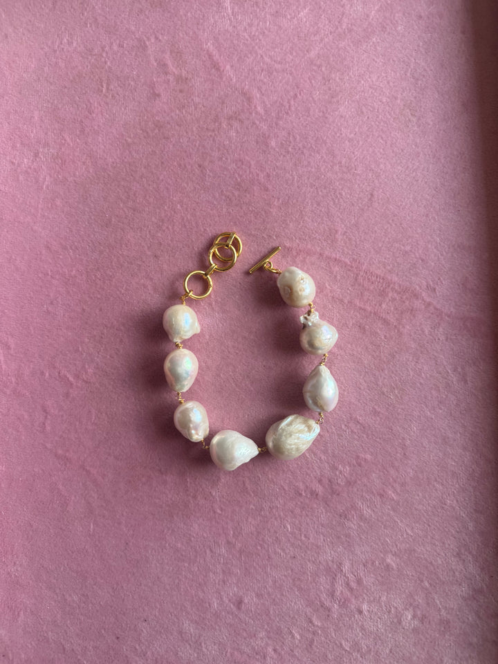 Handmade Baroque Pearl Statement Bracelet | Gold Polish Brass Toggle Clasp Jewelry