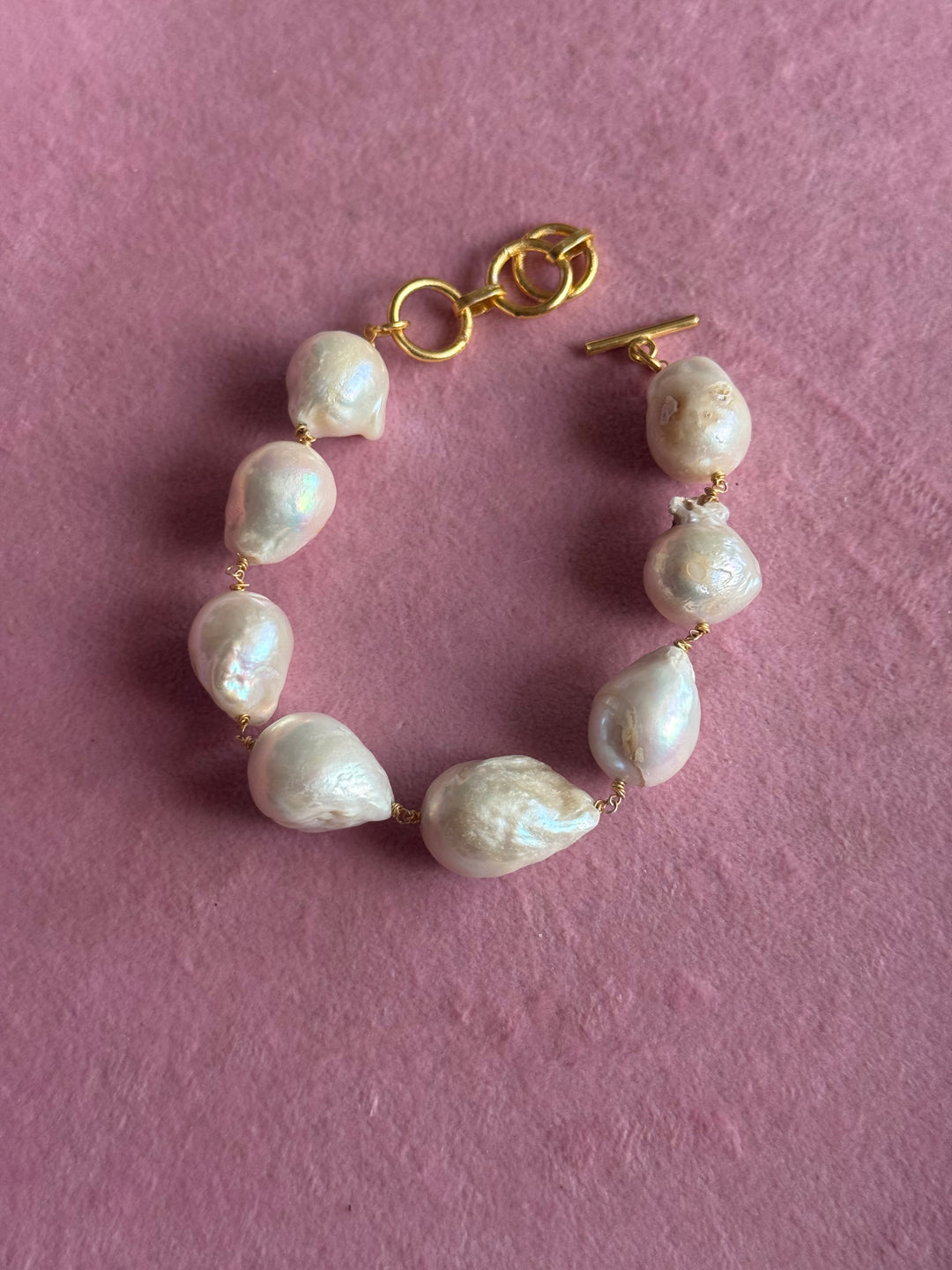 Handmade Baroque Pearl Statement Bracelet | Gold Polish Brass Toggle Clasp Jewelry