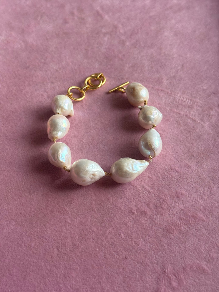 Handmade Baroque Pearl Statement Bracelet | Gold Polish Brass Toggle Clasp Jewelry