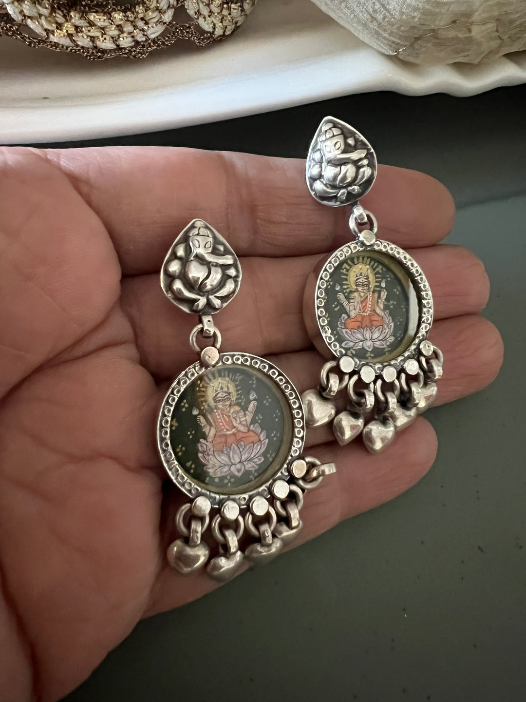 Beautiful Handpainted Laxmi Ganesh 925 Silver Earrings