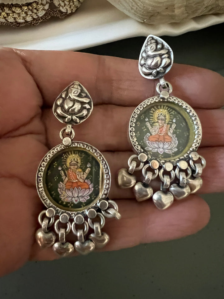 Beautiful Handpainted Laxmi Ganesh 925 Silver Earrings