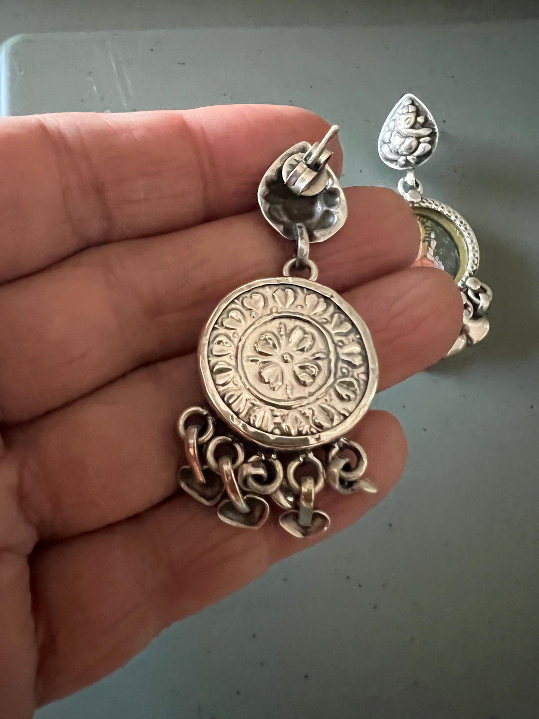 Beautiful Handpainted Laxmi Ganesh 925 Silver Earrings