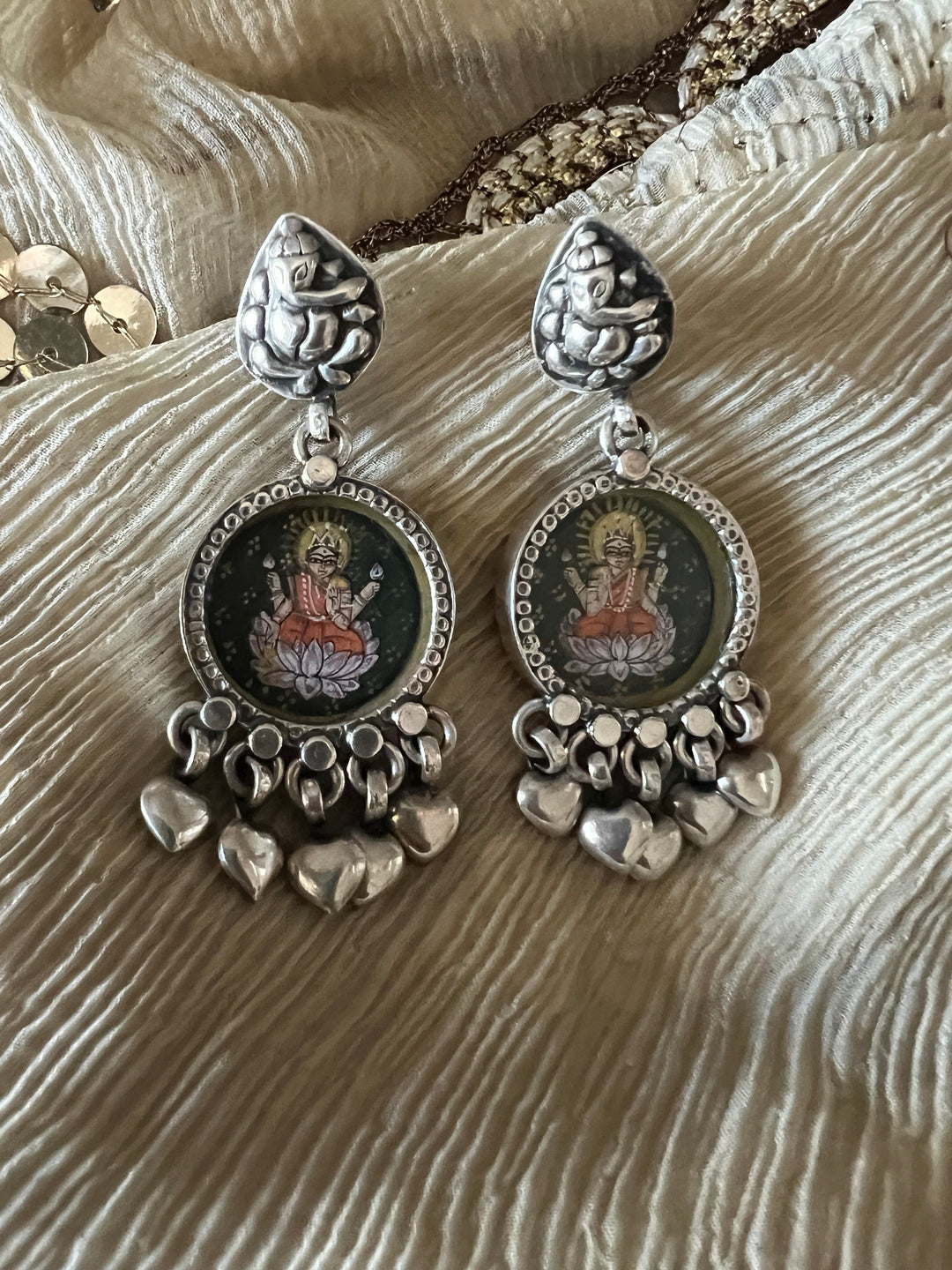 Beautiful Handpainted Laxmi Ganesh 925 Silver Earrings