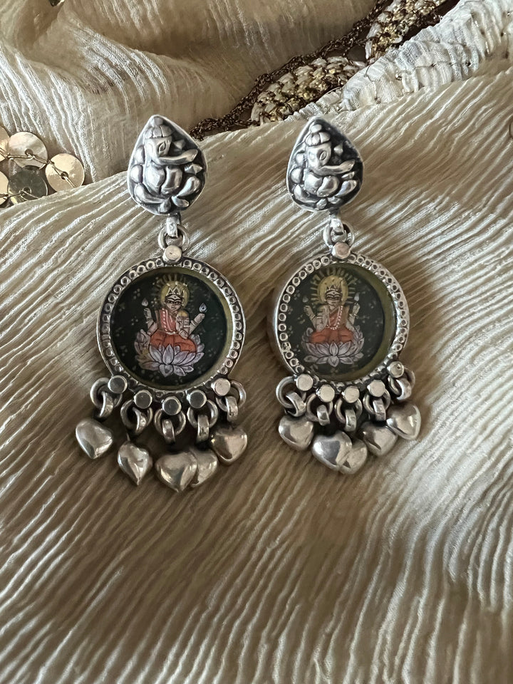 Beautiful Handpainted Laxmi Ganesh 925 Silver Earrings