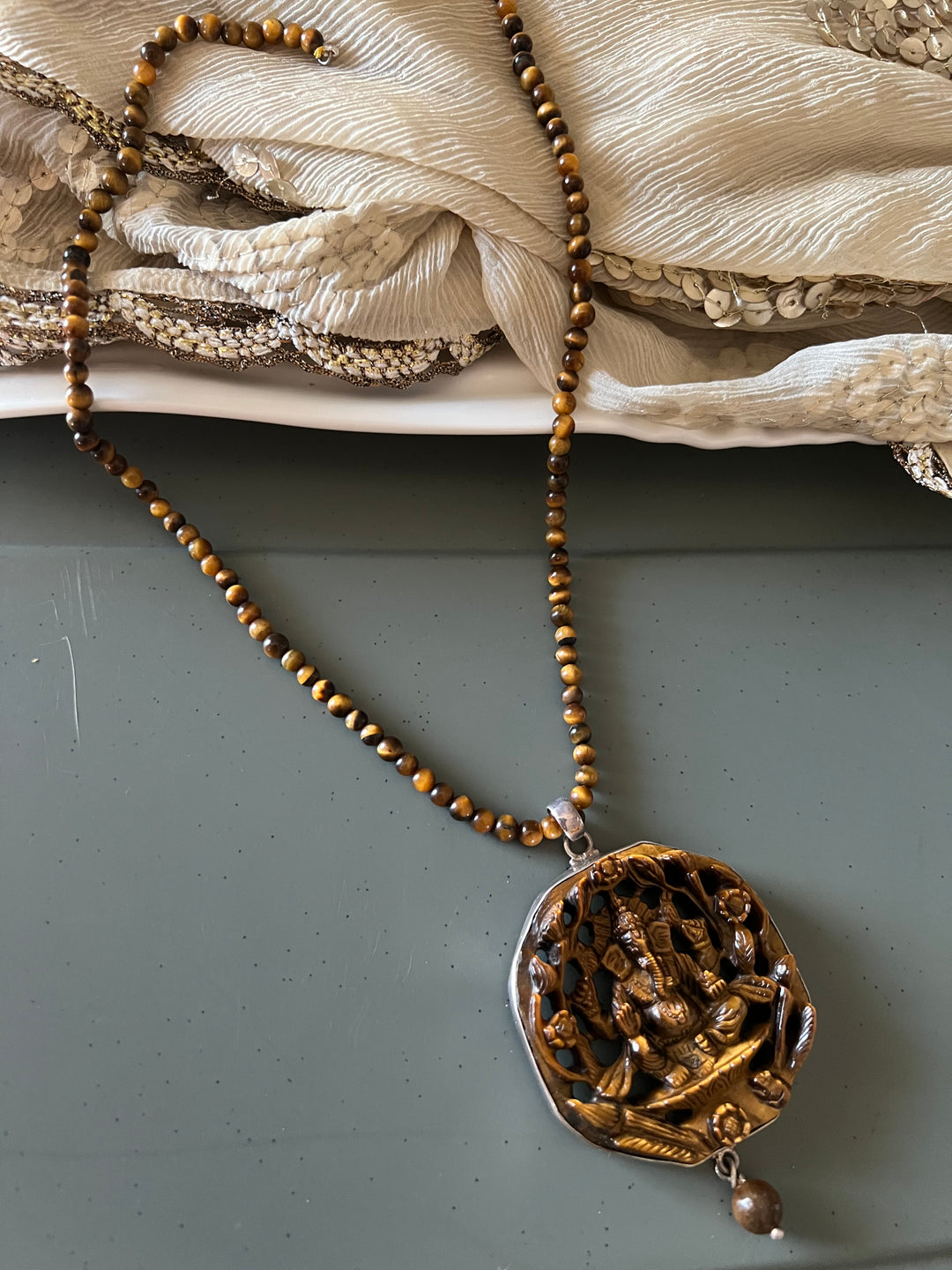 Beautiful 925 Silver Tiger Eye Ganesha Pendant Necklace