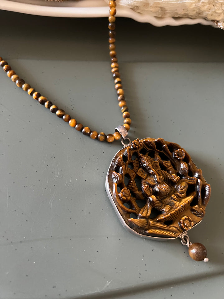 Beautiful 925 Silver Tiger Eye Ganesha Pendant Necklace