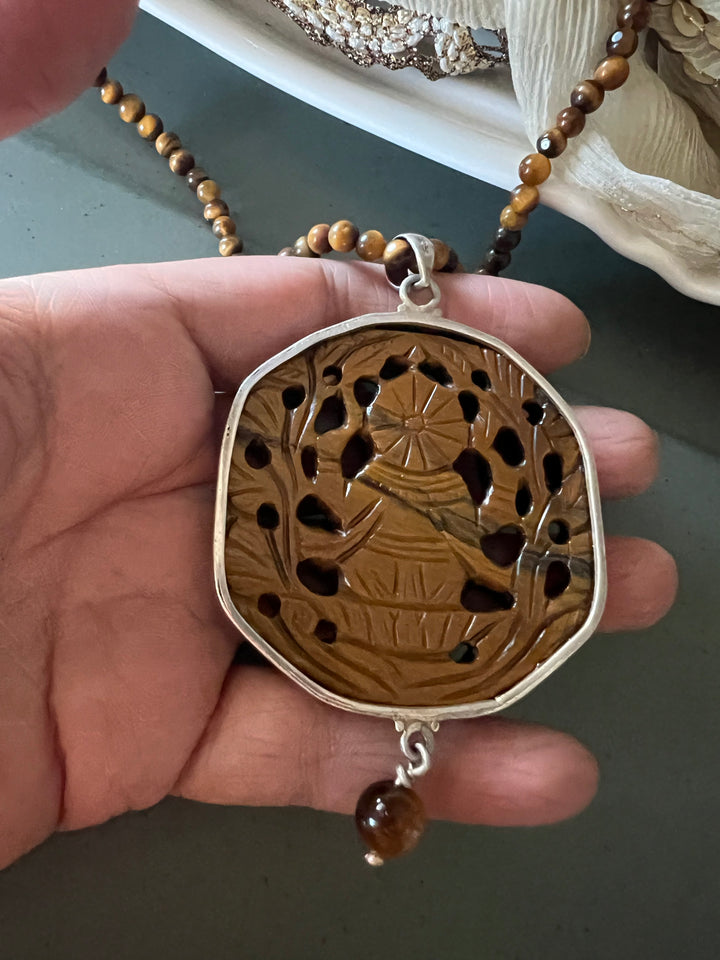 Beautiful 925 Silver Tiger Eye Ganesha Pendant Necklace