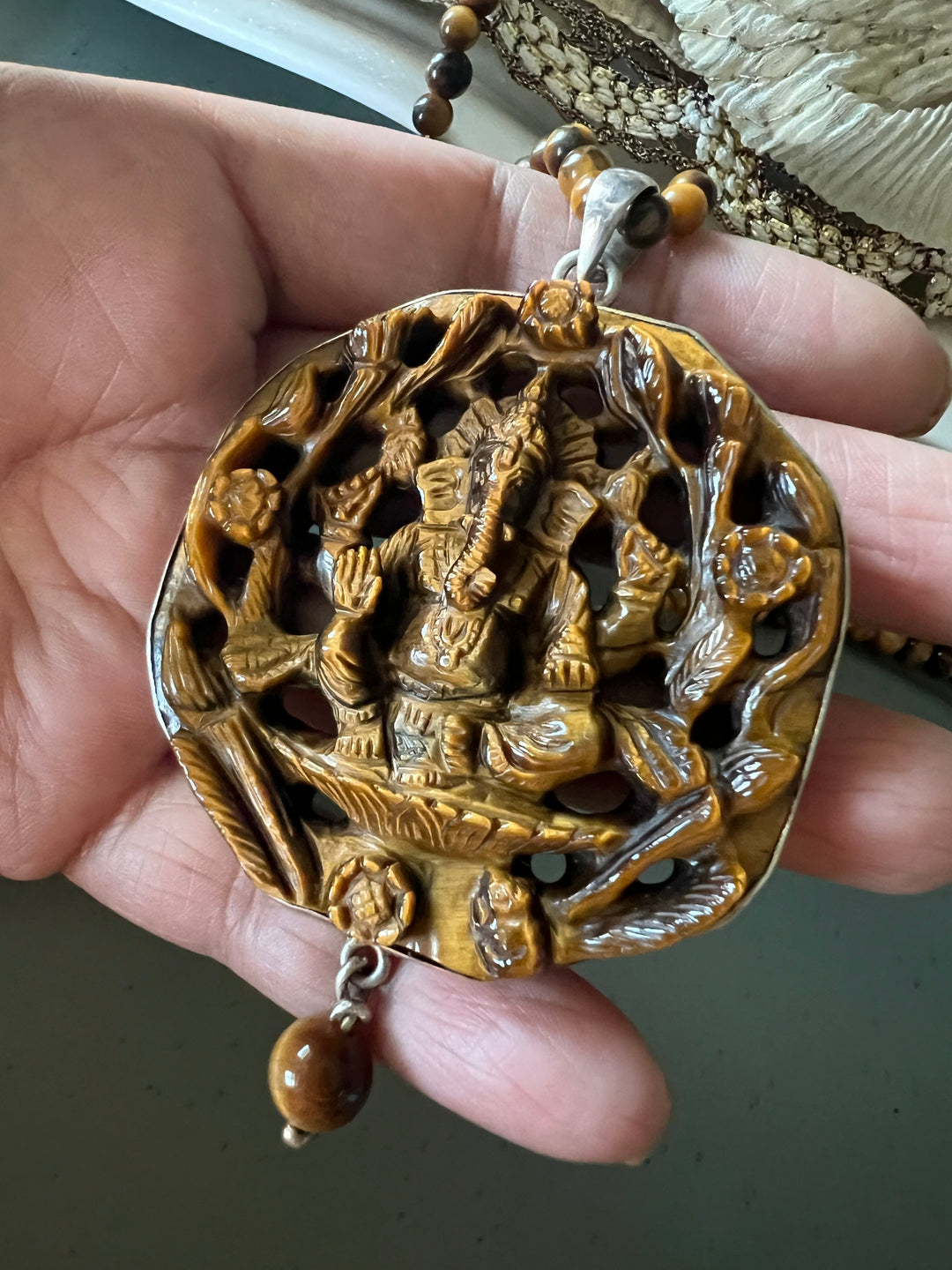 Beautiful 925 Silver Tiger Eye Ganesha Pendant Necklace