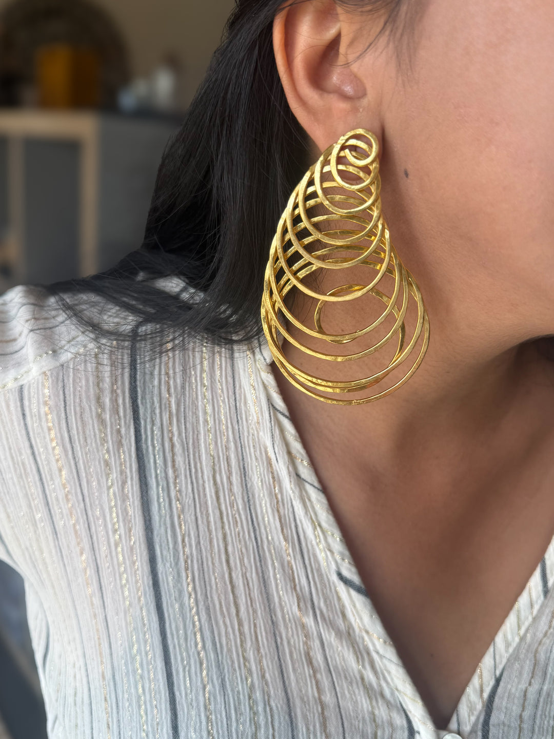 Handmade Designer Spiral Statement Earrings | Brass Push Back Modern Jewelry