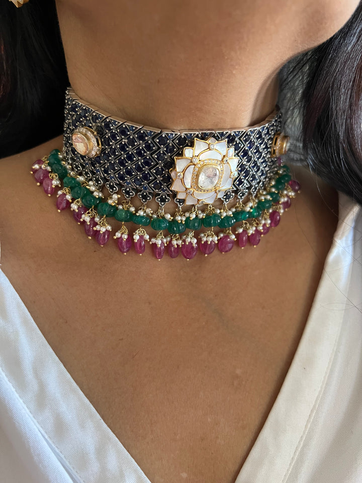 Pure 925 Silver MOP Kundan Choker with Studs