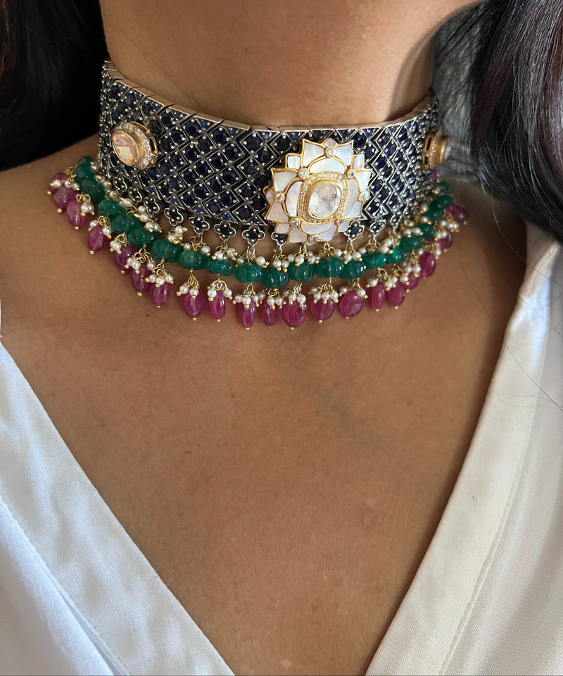 Pure 925 Silver MOP Kundan Choker with Studs