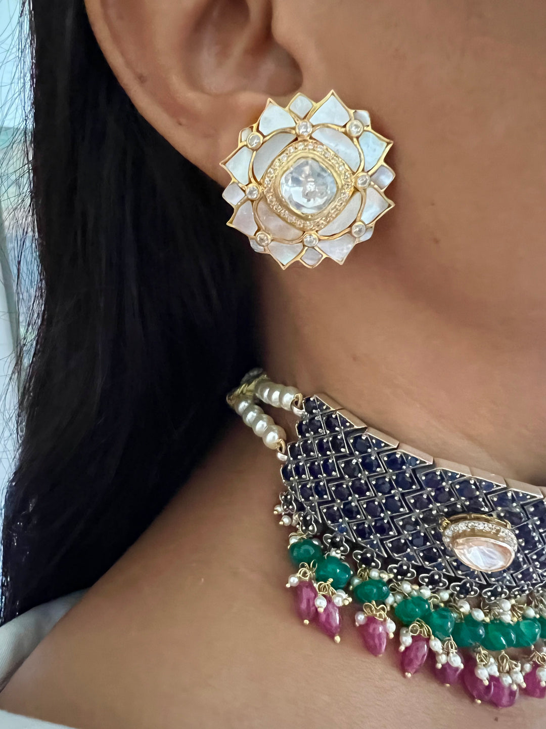 Pure 925 Silver MOP Kundan Choker with Studs