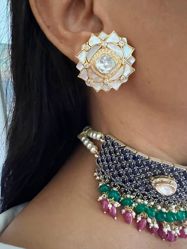 Pure 925 Silver MOP Kundan Choker with Studs