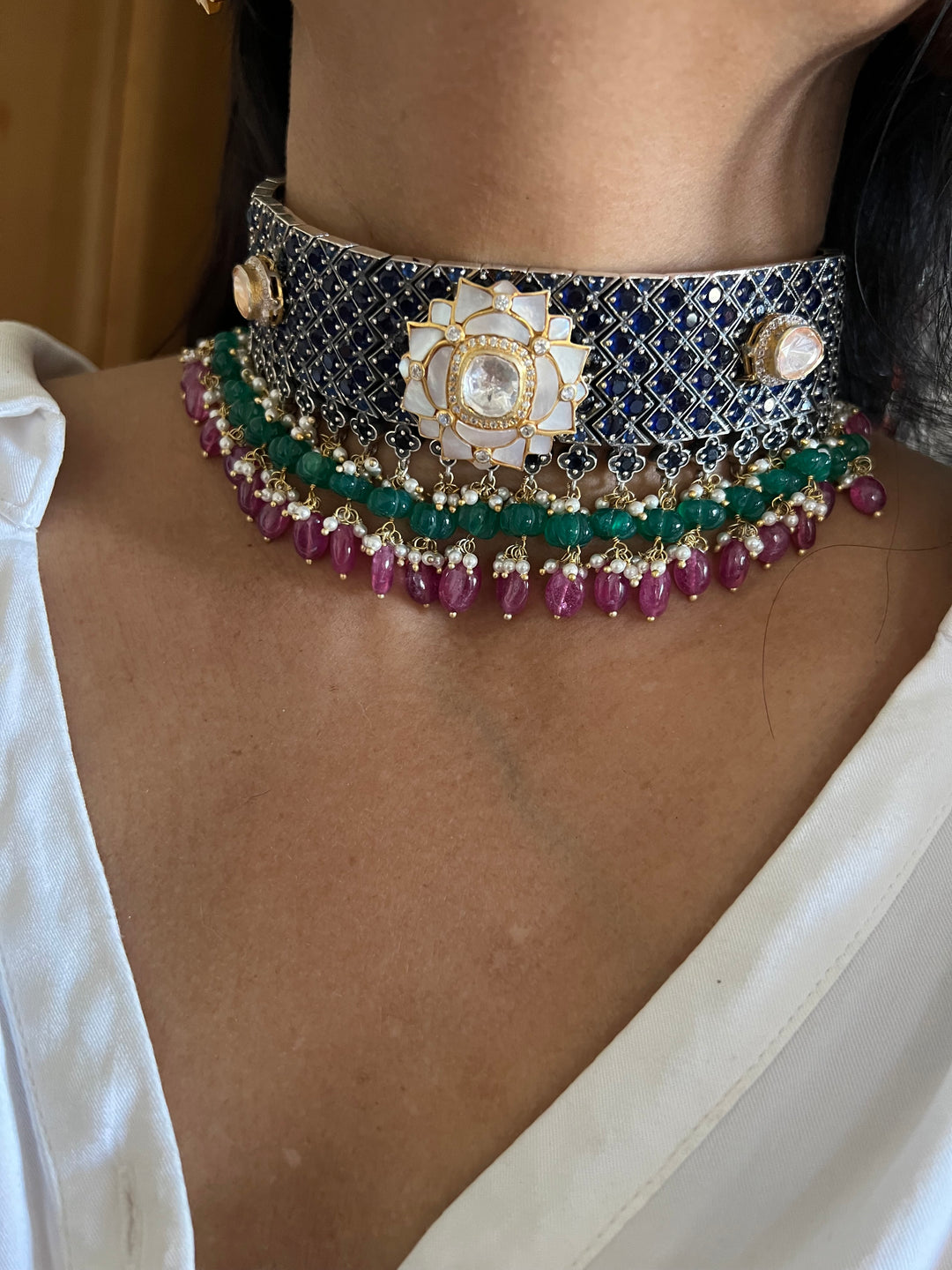 Pure 925 Silver MOP Kundan Choker with Studs