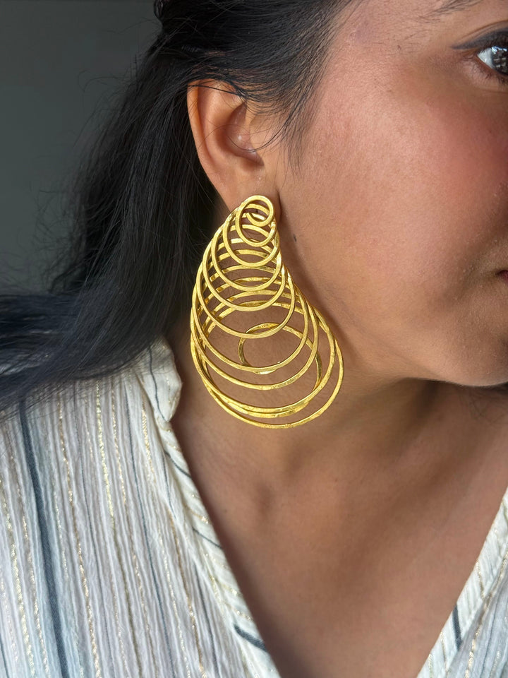 Handmade Designer Spiral Statement Earrings | Brass Push Back Modern Jewelry