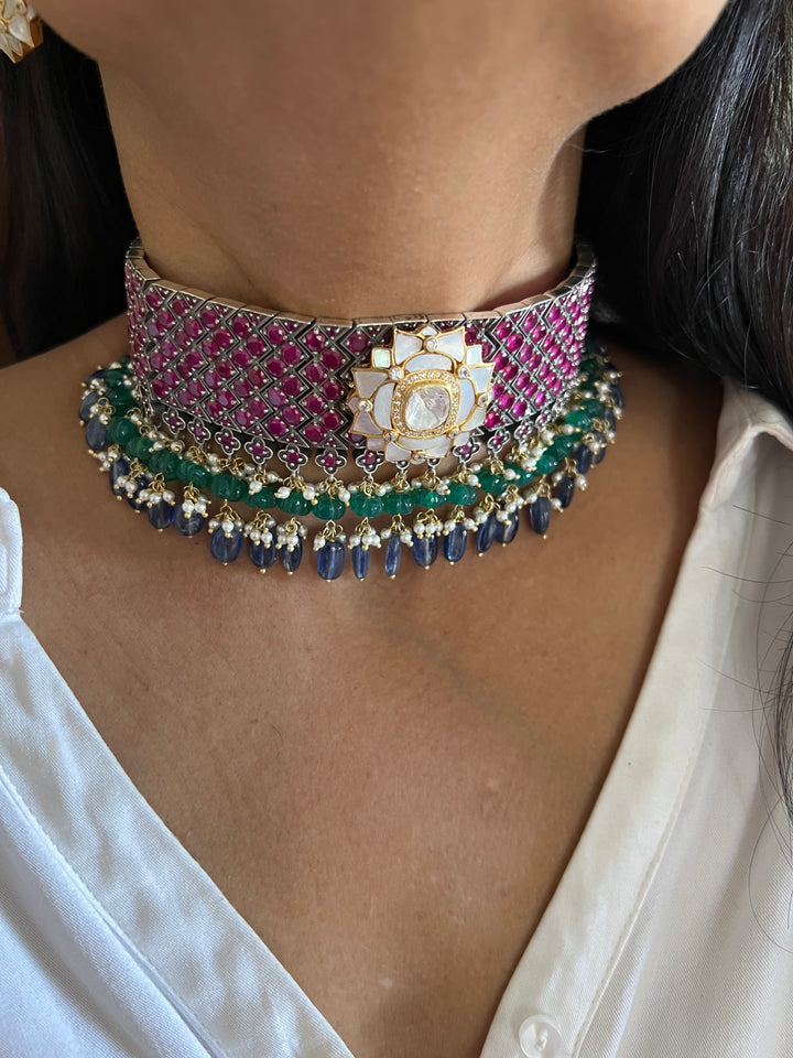 Pure 925 Silver MOP Kundan Choker with Studs