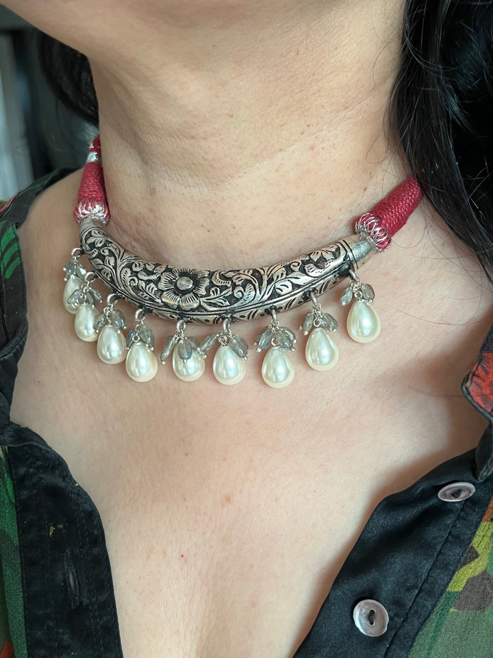 Elegance Redefined: 925 Silver Hasli Necklace Set with Chitai Work and Exquisite Gemstones