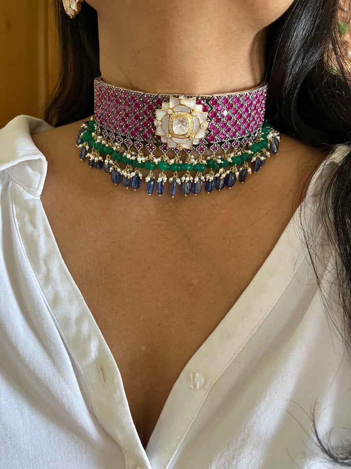 Pure 925 Silver MOP Kundan Choker with Studs