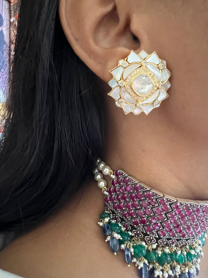 Pure 925 Silver MOP Kundan Choker with Studs