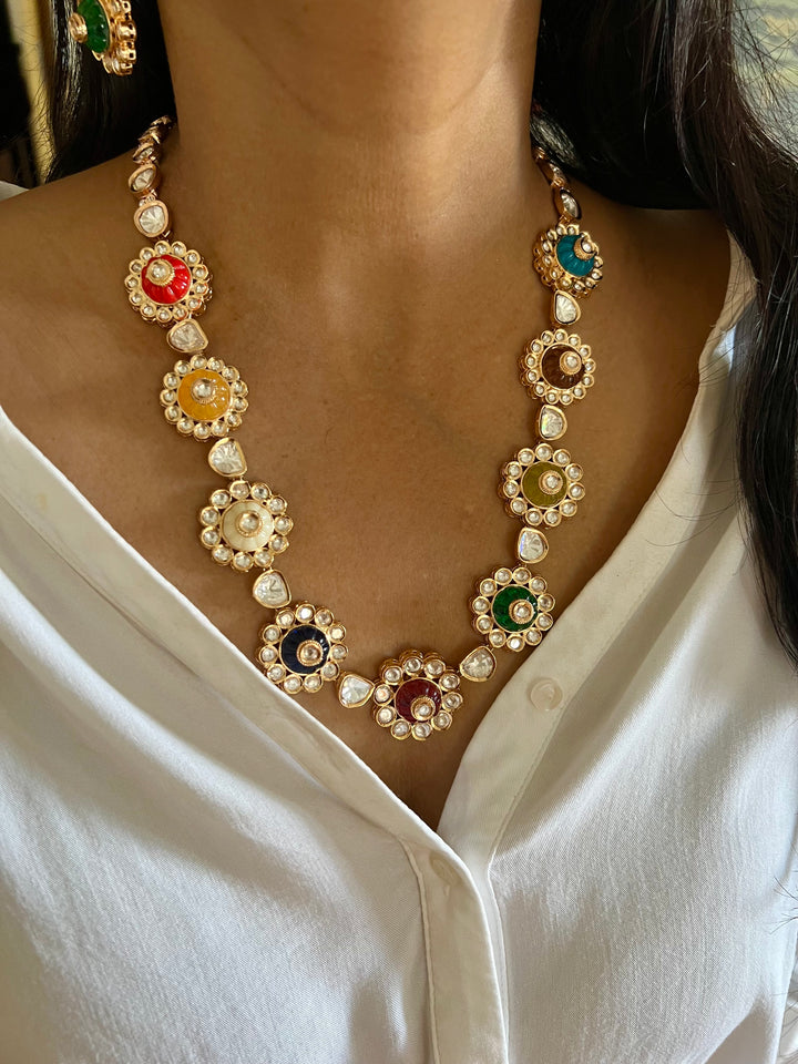 Multicoloured Kundan Necklace with Earrings