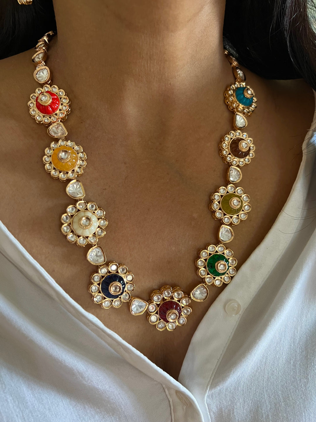 Multicoloured Kundan Necklace with Earrings