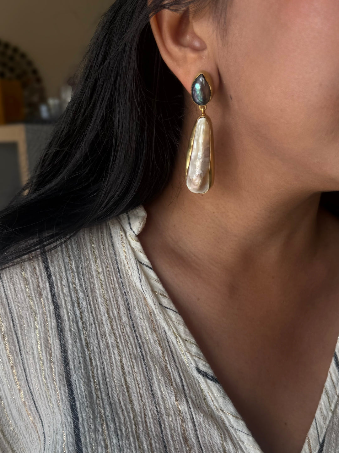 Handmade Labradorite & Pearl Statement Earrings | Brass Push Back Jewelry