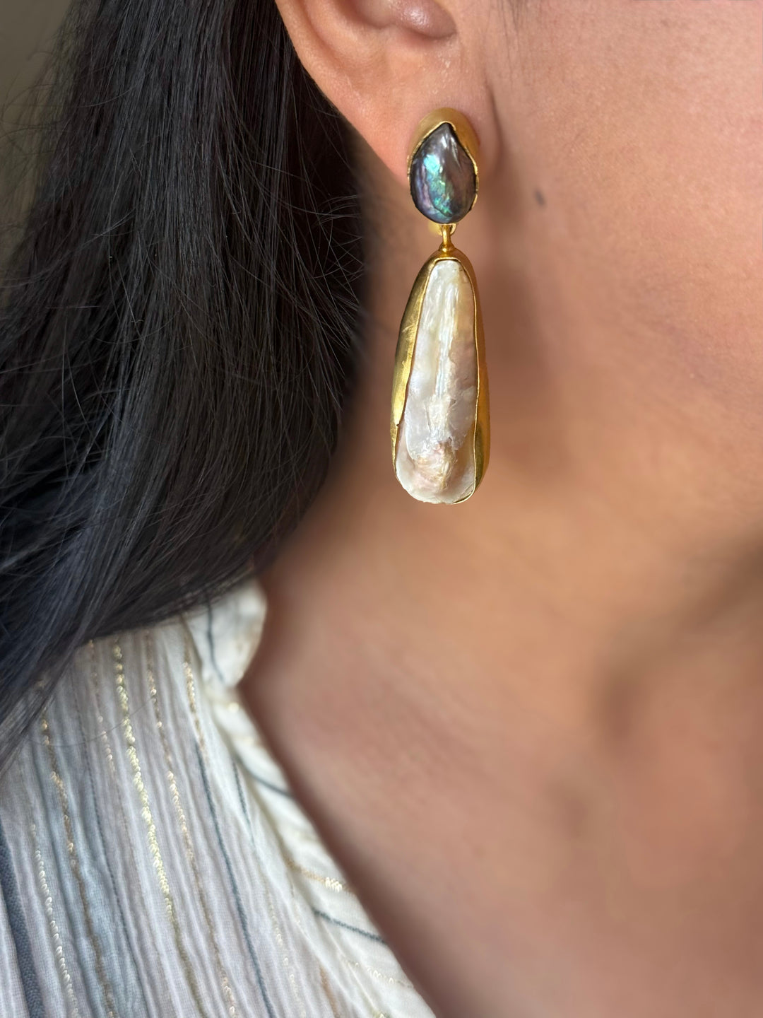 Handmade Labradorite & Pearl Statement Earrings | Brass Push Back Jewelry
