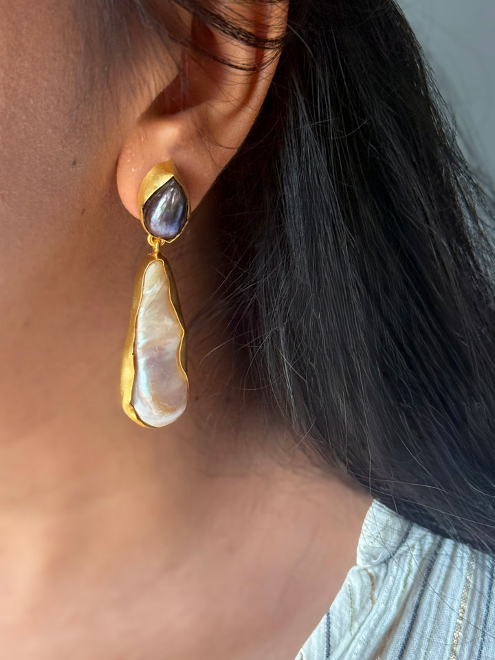 Handmade Labradorite & Pearl Statement Earrings | Brass Push Back Jewelry