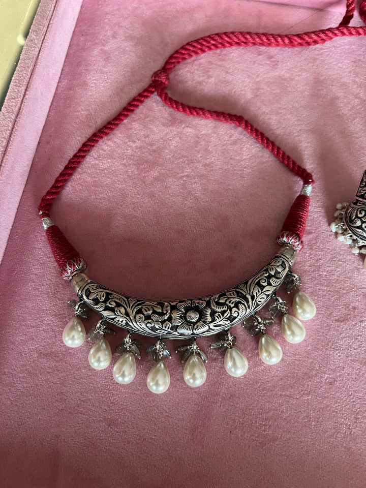 Elegance Redefined: 925 Silver Hasli Necklace Set with Chitai Work and Exquisite Gemstones